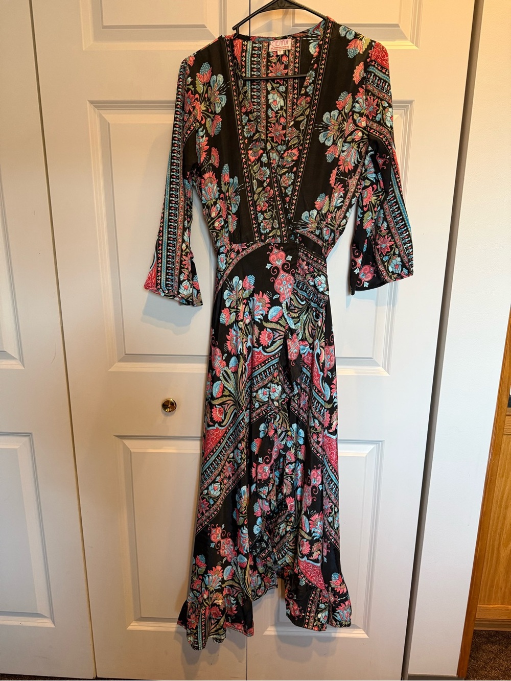 Cienna Black Floral Wrap Maxi Dress with Pink & Teal Accents - Small